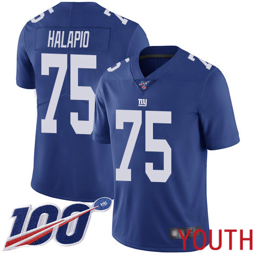 Youth New York Giants 75 Jon Halapio Royal Blue Team Color Vapor Untouchable Limited Player 100th Season Football NFL Jersey